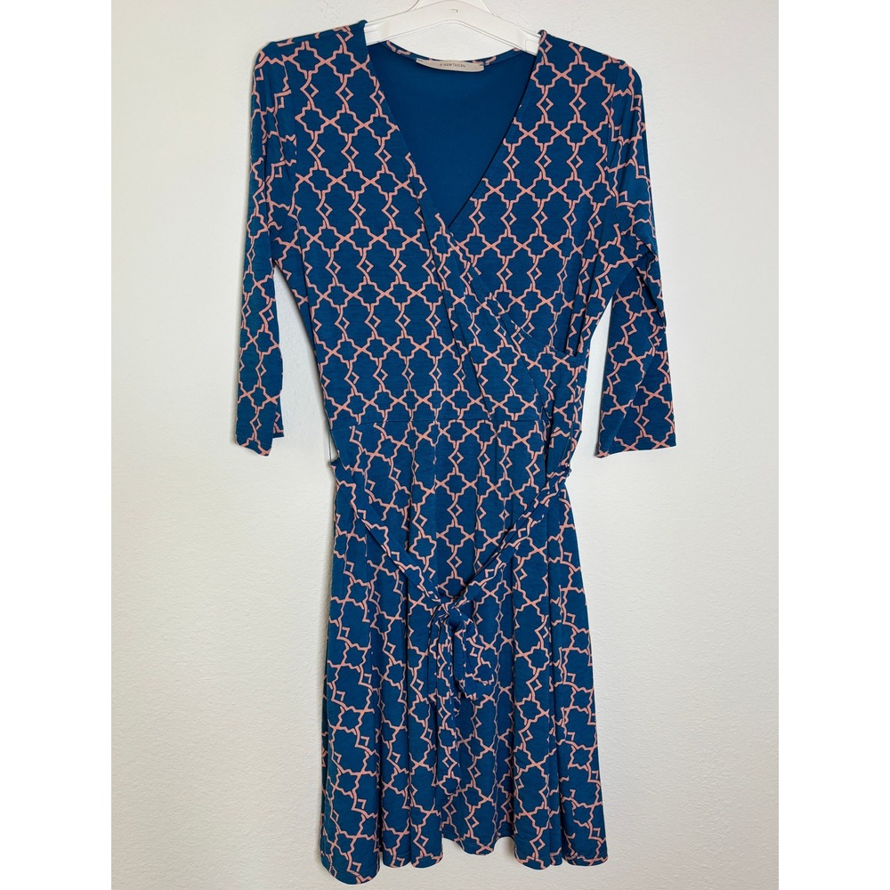 41 Hawthorn Teal Peach Geometric Faux Wrap Dress Large 3/4‎ Sleeve Jersey Knit